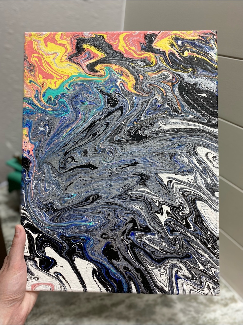 Hand Crafted Abstract Swirl Painting - Silver, White, Yellow